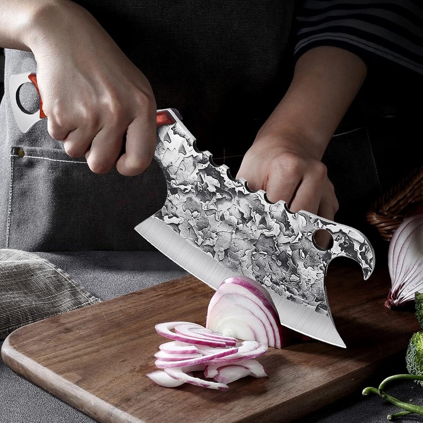 ROCOCO Hand Forged Meat Cleaver Sharp Butcher Knife for Meat Cutting Vegetable Cleaver with Sheath for Home Kitchen Outdoor Camping BBQ Father Mother Gift Idea Men