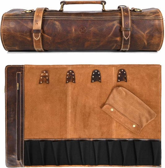 Leather Knife Roll Storage Bag, Elastic and Expandable 10 Pockets, Adjustable/Detachable Shoulder Strap, Travel-Friendly Chef Knife Case (Dark Brown, Leather)