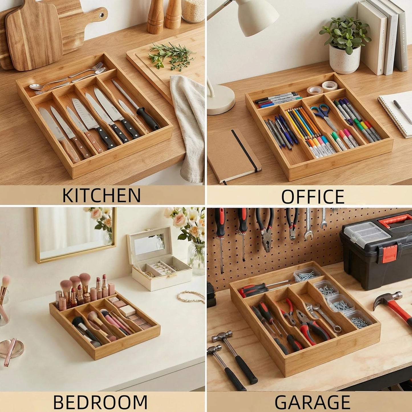 Bamboo Drawer Organizer - Expandable Kitchen Utensil Holder, Adjustable Silverware Drawer Organization, Kitchen Wooden Tray for Cutlery, Flatware & Stationery, 5-7 Slots (Natural)