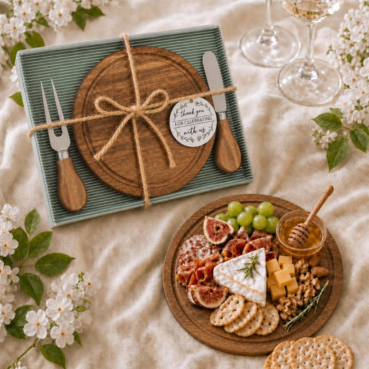 Maxcheck 18 Sets Baby Shower Bridal Game Prizes for Winners Round Cheese Board Set Wood Mini Charcuterie Board with Knives and Forks Thank You Card with Gift Box for Guests Wedding (Bamboo)