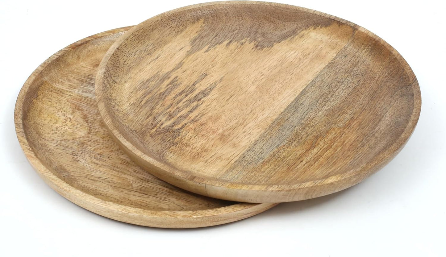 Mango Carving Wood Round Platters for Ottoman or Side Table, Charcuterie Board or Cheese Platter for Living Room (13" x 13" x 2" - White Wash)