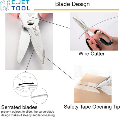 C.JET TOOL 8" Heavy Duty Scissors, Utility Scissors All Purpose for Cardboard, Plastic, Carpet, Rope, Leather. Sharp Stainless Steel Blades, Non‑Slip Handle, Kitchen Shears for Food, Meat & Poultry