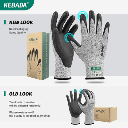 Kebada Cut Resistant Gloves, ANSI A2 Cutting Glove, PU Coated, Touchscreen, Multi-Purpose Model C2, 3 Pairs, Large