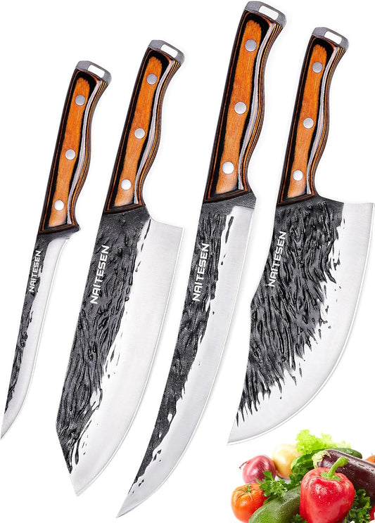 Naitesen 4PCS Hand Forged Butcher Knife and Kitchen Knife 2 in 1 Set, Heavy Duty Meat Cleaver Serbian Chef Knife Breaking Knife Boning Knife for Meat Cutting BBQ Gifts for Men Women