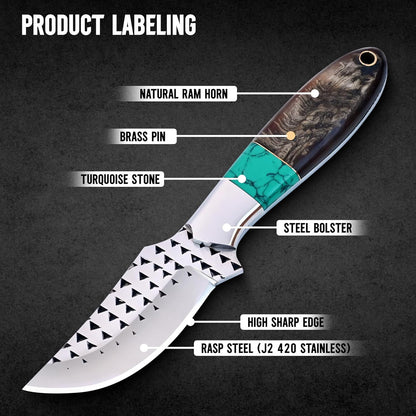 Rasp steel Bull Cutter Knife with Pancake leather sheath, Hunting Knife with holster, Cowboy knife, Fixed Blade (BUCK-STAG)