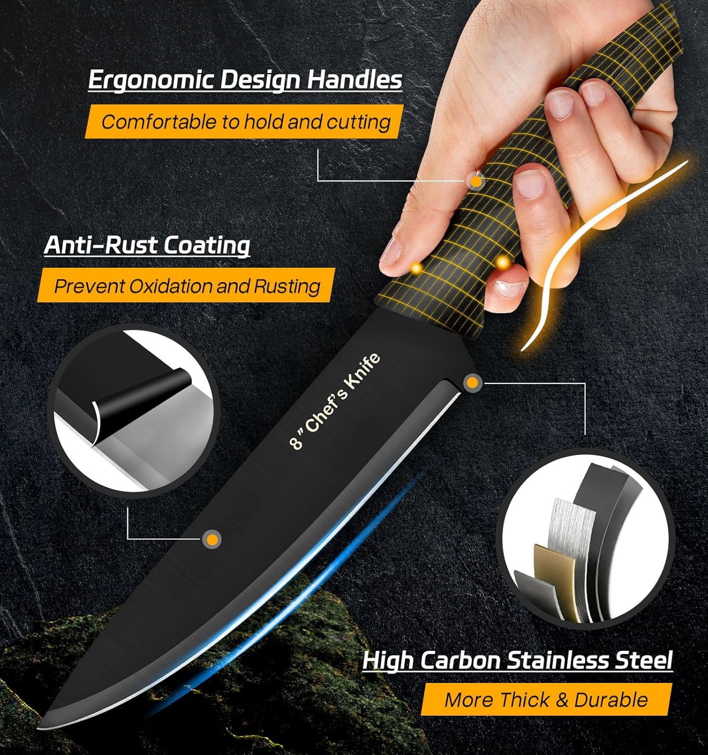 Knife Set, 8 Pieces Kitchen Knife Block Sets, High Carbon German Stainless Steel, Dishwasher Safe Cutlery with Sharpener, Black