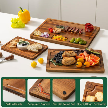 THETCHRY Acacia Wood Cutting Boards for Kitchen, Premium Wood Cutting Board Set with Holder, Chopping Board with Grooves and Built-in Handles, Wooden Charcuterie Board Trays for Meat, Fruit, Cheese