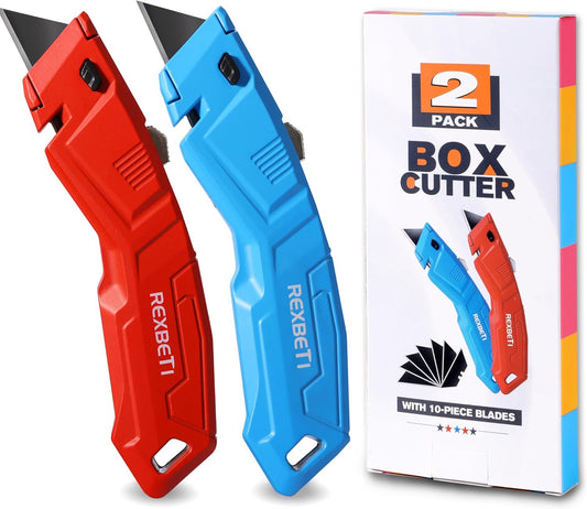 REXBETI 12 Pack Utility Knife Retractable Box Cutter, 4 Color Heavy Duty Aluminum Shell Knife Sets with Extra 20pc SK2 Blades for Cartons, Cardboard and Boxes