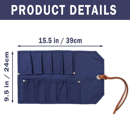 Multi-Function Chisel Roll, Heavy Duty 16oz Waxed Canvas Tool Storage Bag, Sturdy Tool Carrier with 10 Slots for Chisel Wrench Screwdriver | Dark Green
