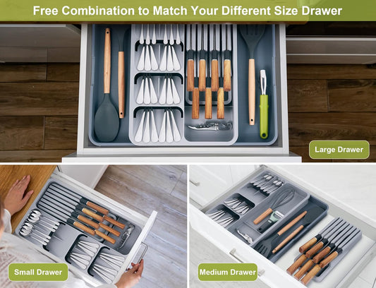 Kitchen Utensil Drawer Organizer, Removable 2-Tier Knife Holder, Expandable Cutlery Tray for Silverware, Flatware and Utensils, Large Kitchen Drawer Dividers for Spoons, Forks, Knives, Gray