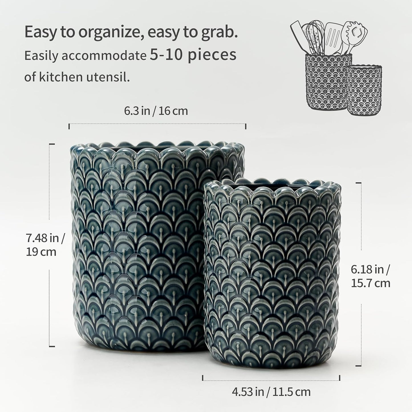 JIEMEI HOME Kitchen Utensil Holder, Large 7.5"+6.2" Petal Ceramic Utensil Crock for Countertop, Utensil Holder with Cork Mat, Morden Utensil Organizer for Spatula, Kitchen Decor, Set of 2, Purple
