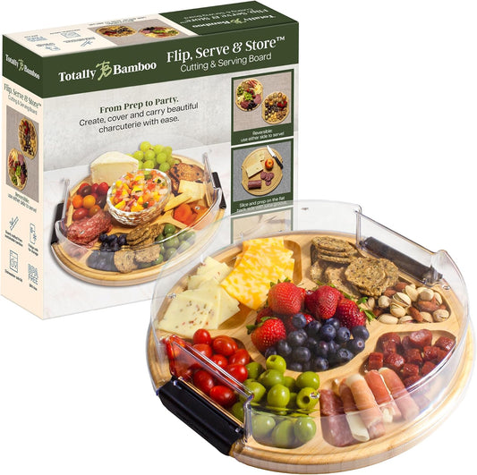 Totally Bamboo Flip, Serve & Store Charcuterie Board with Lid, Reversible Bamboo Cutting Board and Portable Cheese Tray with Compartments, Locking Travel Cover, 15.5 x 11.5 Inches