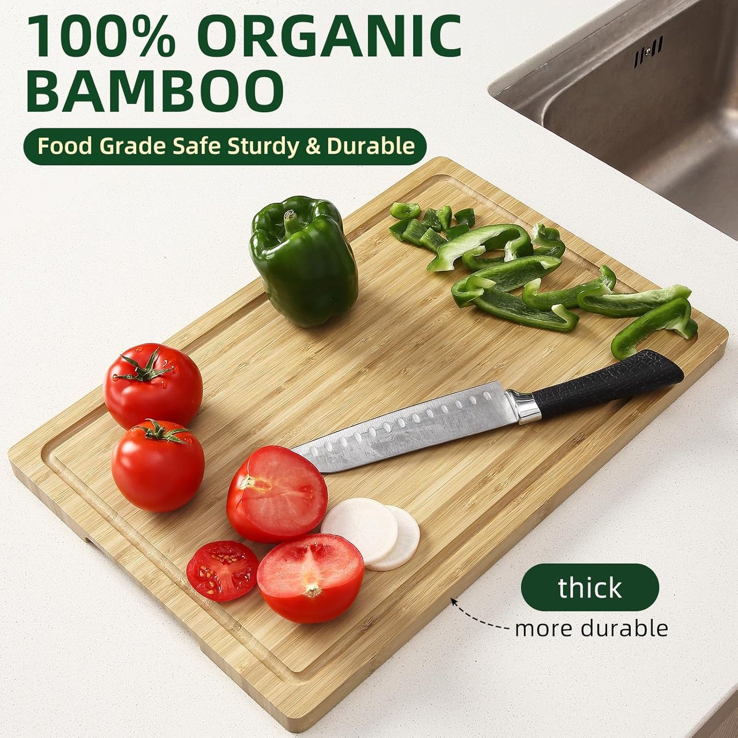 24" Bamboo Cutting Boards for Kitchen, Extra Large Wood Cutting Board with Deep Juice Groove and Handle, Over the Sink Chopping Board, Heavy Duty Butcher Block for Turkey, Meat, Vegetables, BBQ