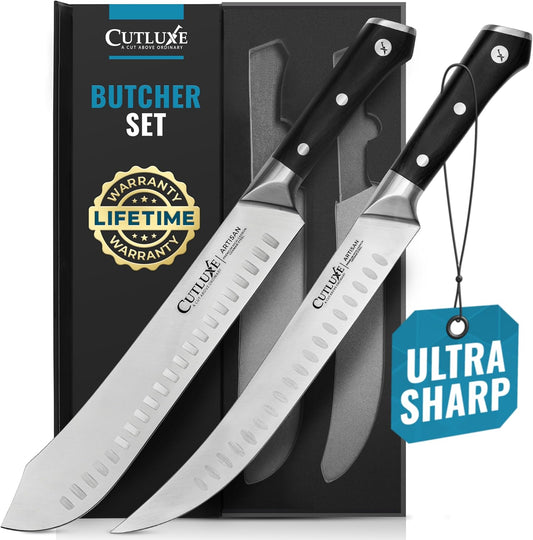Cutluxe Butcher Carving Set – Cimeter Breaking & Boning Knives for Meat Cutting – Professional Knife, Razor Sharp German Steel, Full Tang, Ergonomic, Butcher Knives for BBQ – Artisan Series
