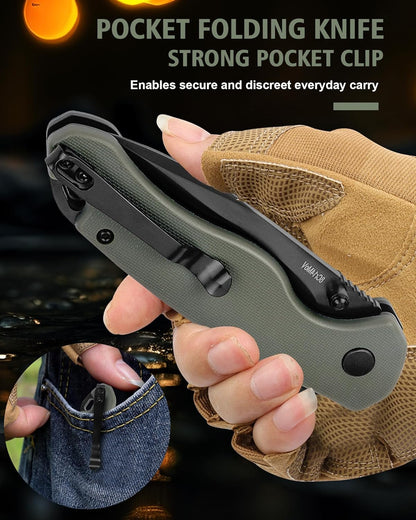Pocket Folding Knife(EDC)- With 2.99” 8Cr14MoV Steel Blade and G10 Handle,- Lightweight Folding knives with Clip for Camping, Hiking, Hunting Survival Multi-Knife (Green)