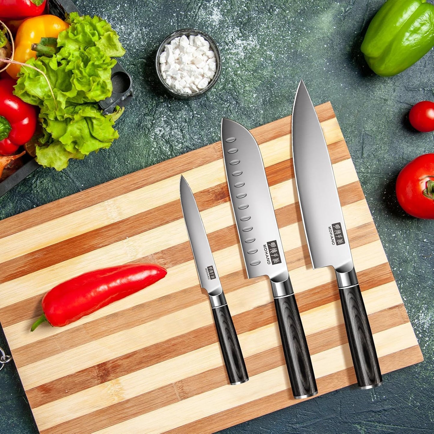 MDHAND Kitchen Knife Set, 9PCS Professional Japanese Knife Set, High Carbon Stainless Steel Chef Knife Set with Black Pakkawood Handle, Professional Ultra Sharp Kitchen Knives for Cooking, Elegant Box