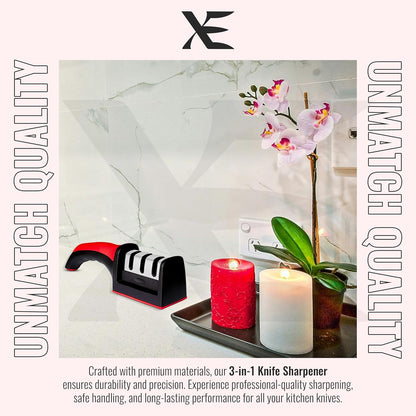XE Kitchen Knife Sharpener – 3 Stage Manual Knife Sharpeners for Sharpening Home and Restaurant Knives - Ceramic Stone, Tungsten Carbide Plates Knife Sharpener Tool