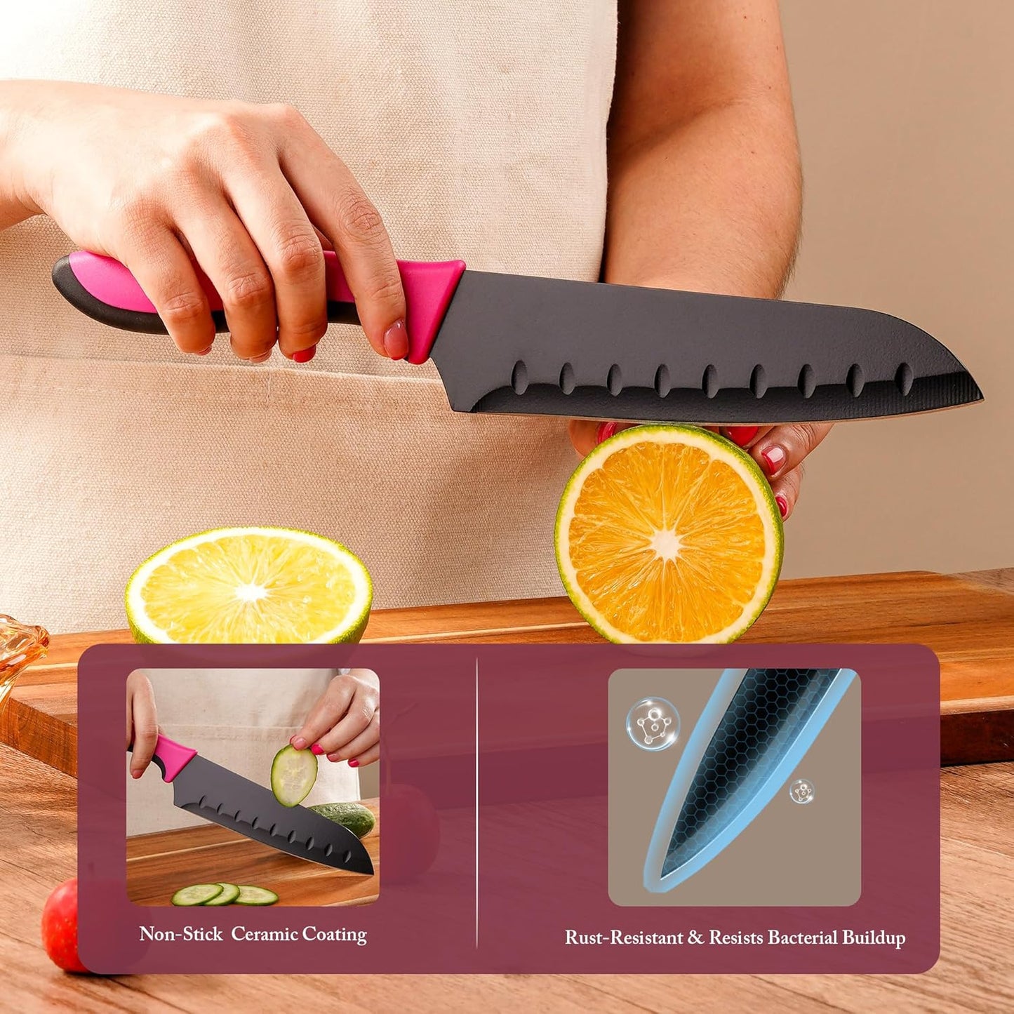 14 Piece Kitchen Knife Set with Built-in Sharpener, German Stainless Steel & Ceramic-Coated Blades, Dishwasher Safe