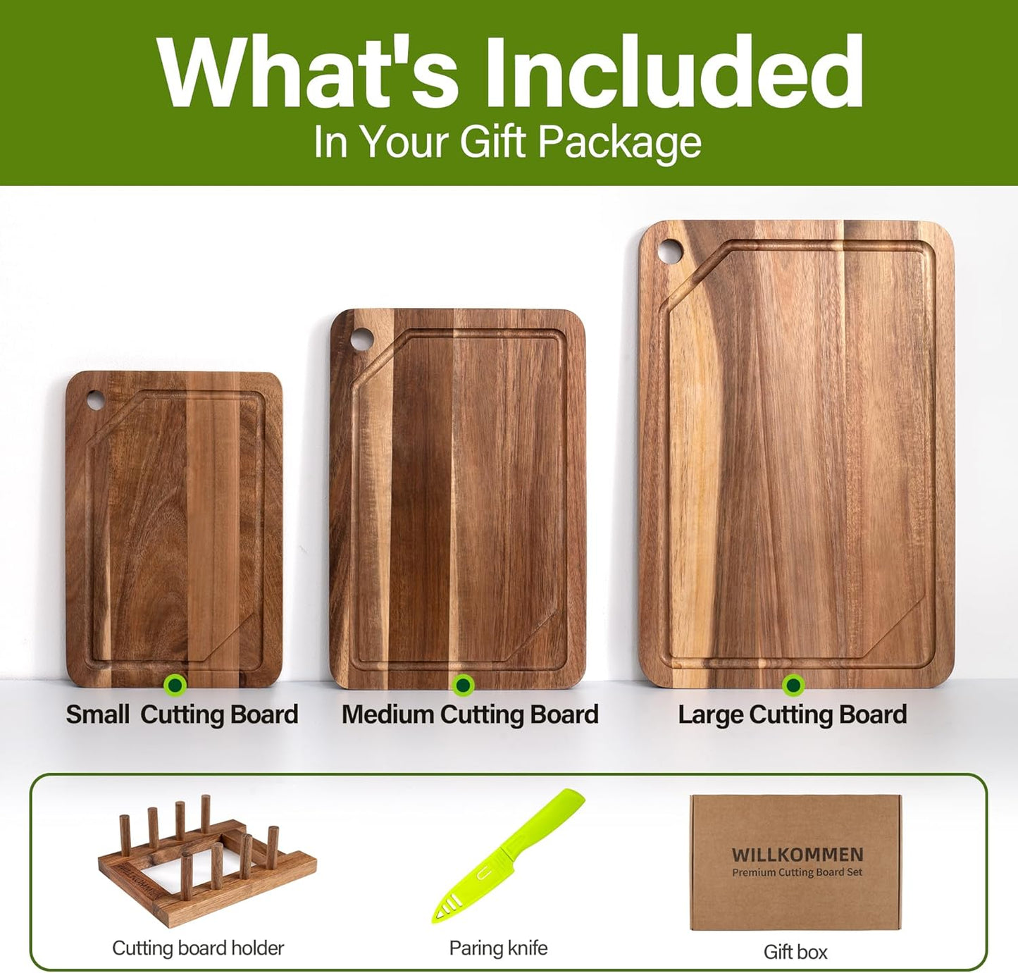 WILLKOMMEN 4-Piece Bamboo Cutting Boards for Kitchen, Chopping Board Set with Food Icon (Meat, Fish, Vegetables, Fruits) Butcher Block with Stands, Handles & Juice Grooves (Small, Medium, Large, XL)