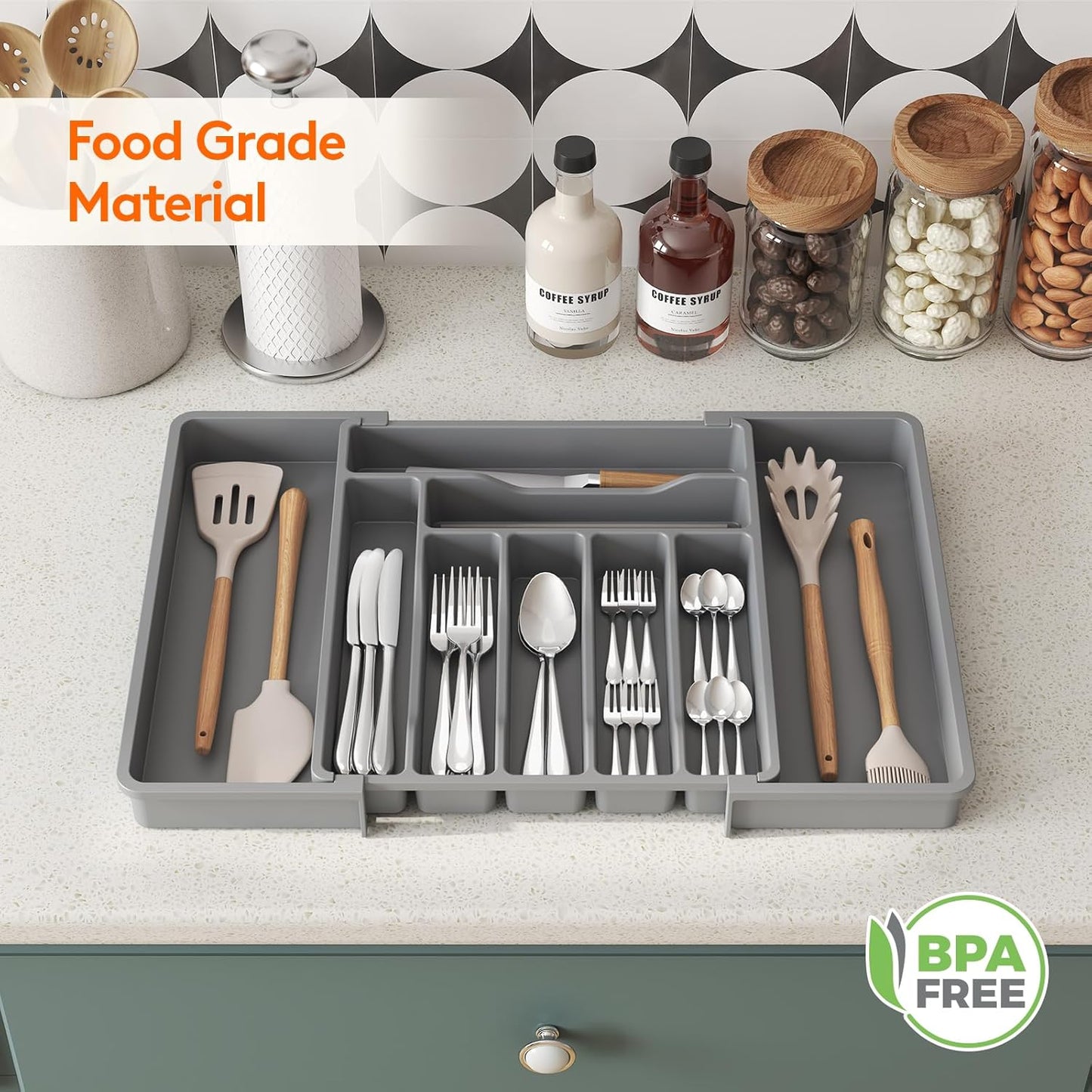 Lifewit Utensil Organizer for Kitchen Drawer, Expandable Cooking Silverware Tray, Adjustable Cutlery Flatware Holder, Plastic Spatula Tools Storage Divider, 14.4 x 15.8", Black