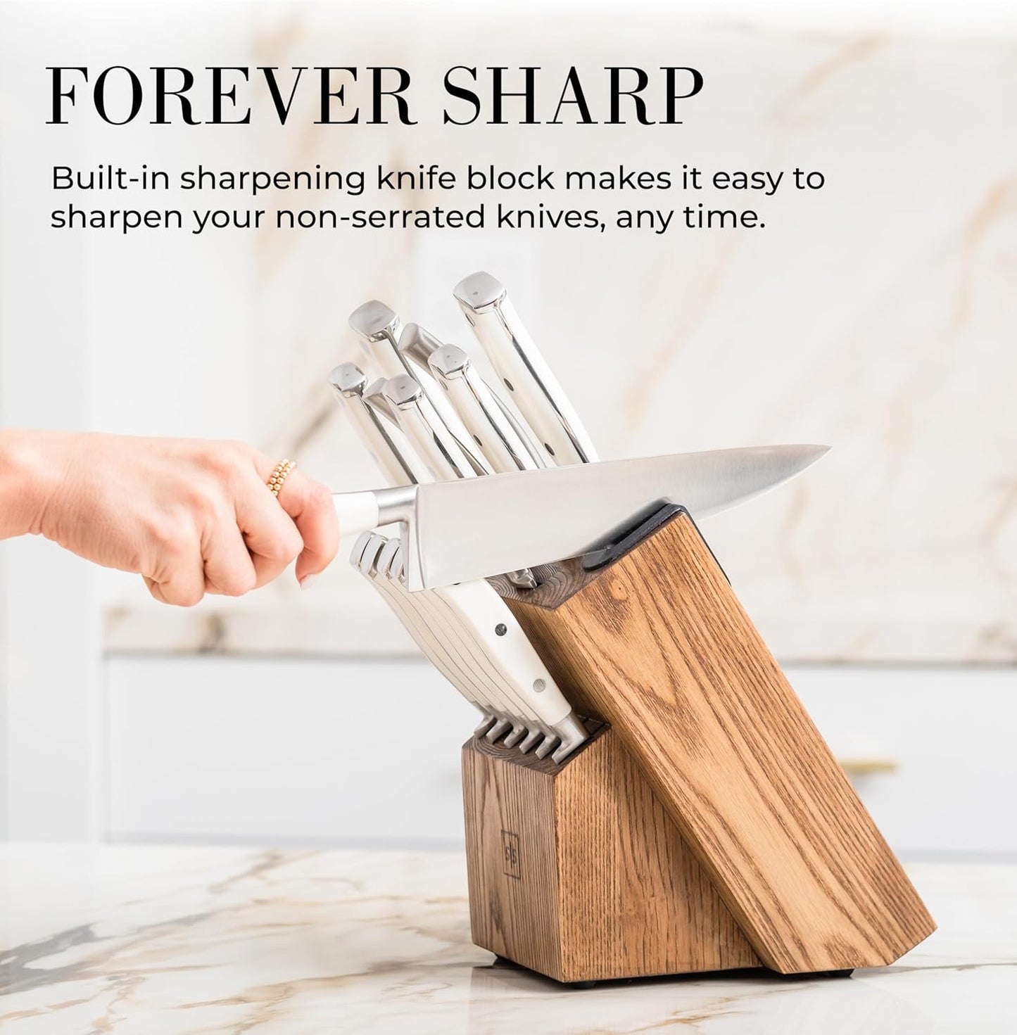 Black and Gold Knife Set with Block and Sharpener – 14-Piece Full Tang Golden Knives with Self-Sharpening Knife Block – Gold Kitchen Accessories for Cooking and Prepping; Ideal for Gifting