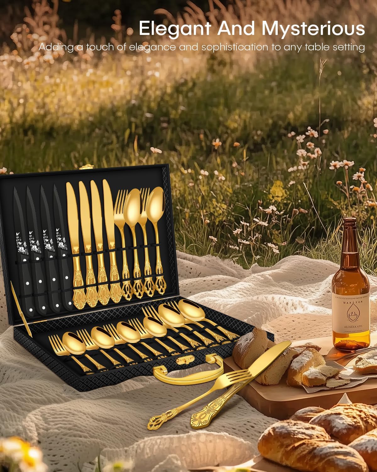 Black Silverware set with Steak Knives, Ollex 24PCS Retro Royal Flatware Set for 4 with Box, Food-Grade Stainless Steel Utensil Sets Includes Spoons Forks and Knives, Mirror Finish Dishwasher Safe