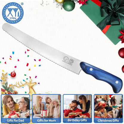 XYJ Authentic Since 1986, Bread Knife 10 inch, Stainless Steel Serrated Blade Cake Knife, Professional Slicing Bread Cutting Knives with Wood Handle for Right Hand Use, Kitchen Serrated Knife
