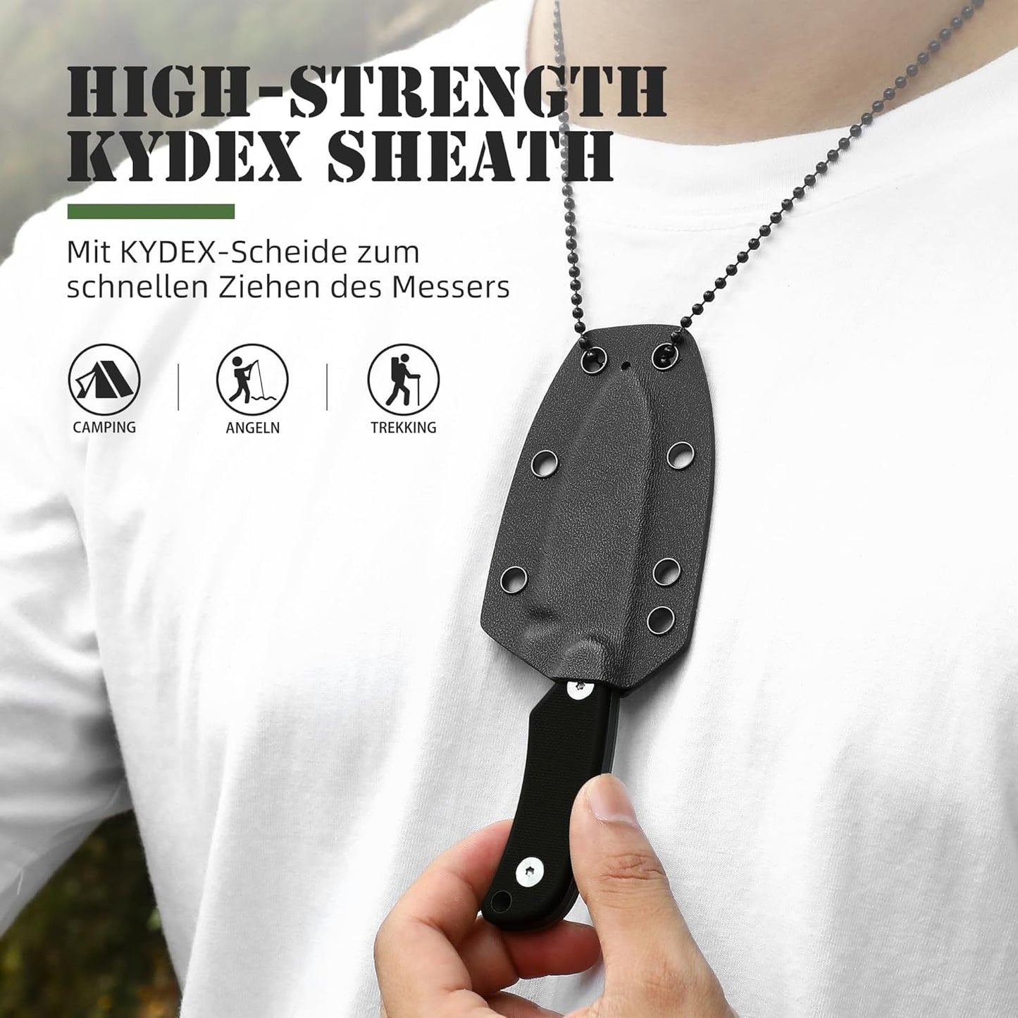 Omesio Neck Knife, Full Tang EDC Knife Necklace for Men, 5.82" Fixed Blade with Kydex SHeath and Clip, Nessmuk Blade Small D2 Steel G10 Handle for Outdoor, Survival, Camping