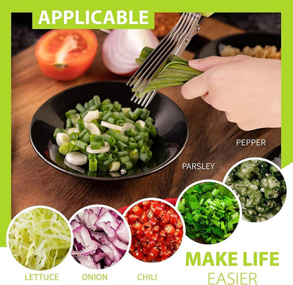 Herb Scissors with 5 Sharp Stainless Steel Blades, for Cutting Chives, Parsley, Basil and more, Includes Cleaning Comb and Safety Cover (Green)