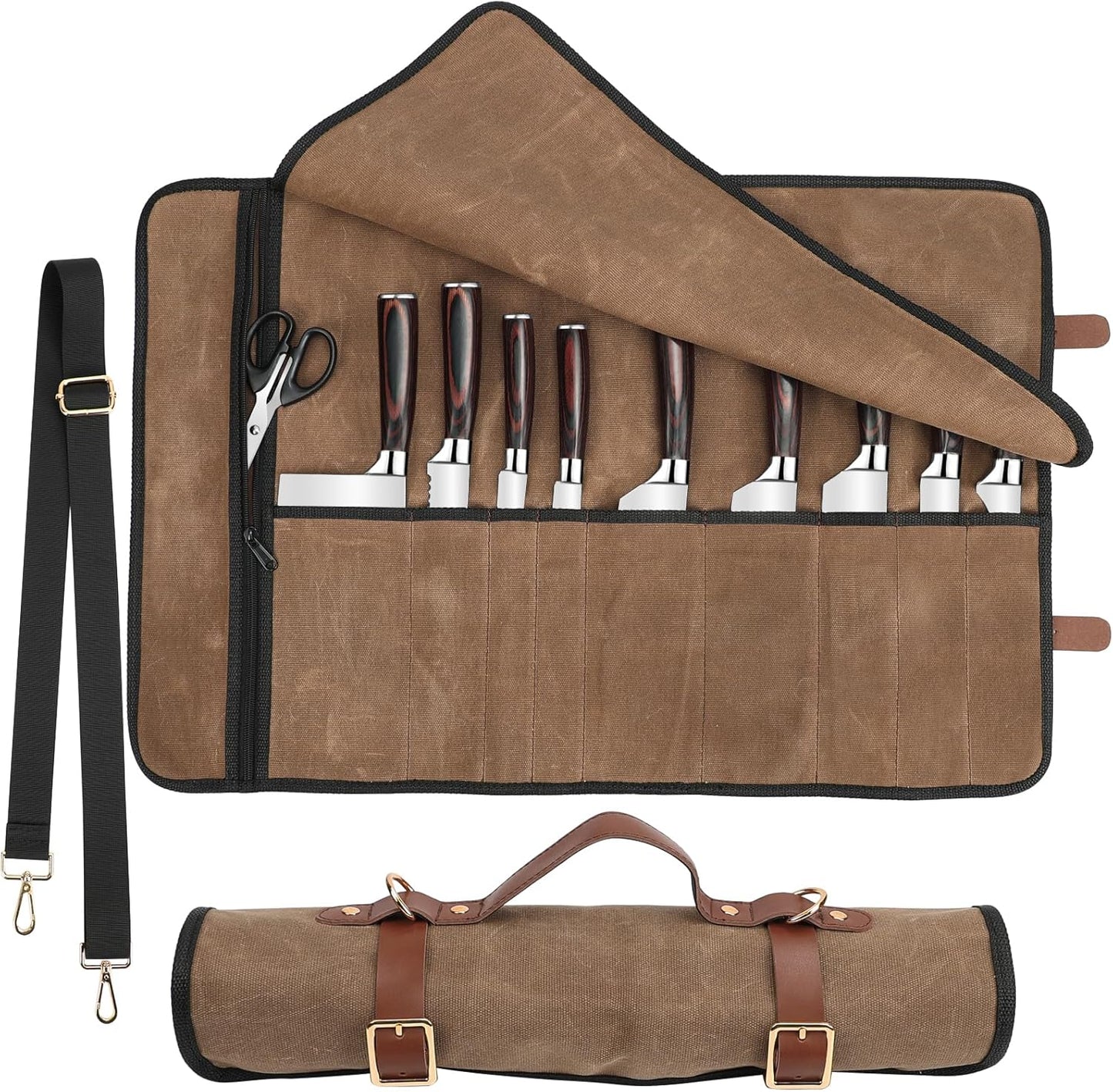 Knife Roll with Leather Straps and Metal Buckles, Double Layer Waxed Canvas Knife Bag, Large Chef Knife Bag with Handle and Shoulder Strap