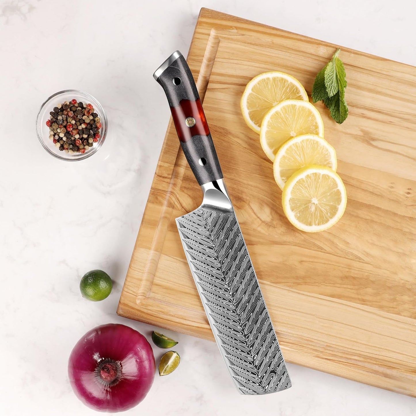 Seido Knives Inferuno 7 Inch Nakiri Knife – AUS-10 Core with 73-Layer Damascus Steel and Ergonomic Resin Maple Handle