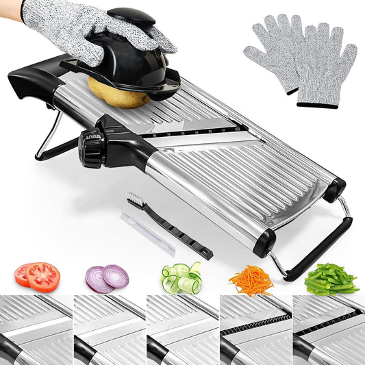 Mandoline Slicer for Kitchen, Adjustable Stainless Steel Vegetable Slicer with Safety Gloves & Food Holder, Potato Onion Tomato Julienne Cutter, Non-Slip Manual Mandolin-3