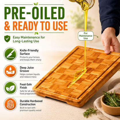 Bamboo Cutting Board Set with Juice Groove, End Grain Cutting Boards, Set of 3 with Holder, Extra Large17 x 12 Inch,1 Inch Thick Heavy Weight 9.5 lb Non-Toxic Wood Chopping Boards for Meat, Vegetables