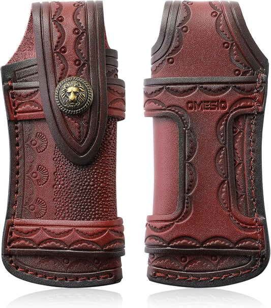 Omesio Pocket Knife Sheath Big (L), 5.28" (for <13.41cm knife) Leather Knife Sheaths for Belt, Horizontal Knife Sheath for Belt Sideways, Brown Leather Sheath for Folding Knife