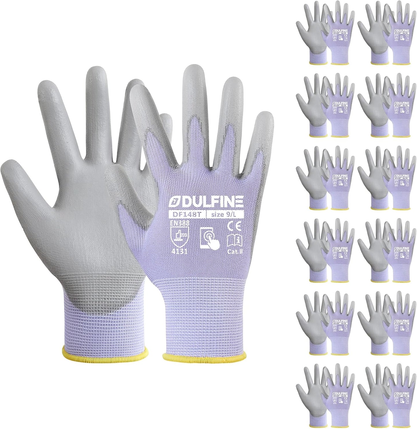 DULFINE Safety Work Gloves PU Coated-12 Pairs,Red Seamless Knit Glove with Polyurethane Coated Smooth Grip on Palm & Fingers, for Men and Women, Ideal for General Duty Work (Large)