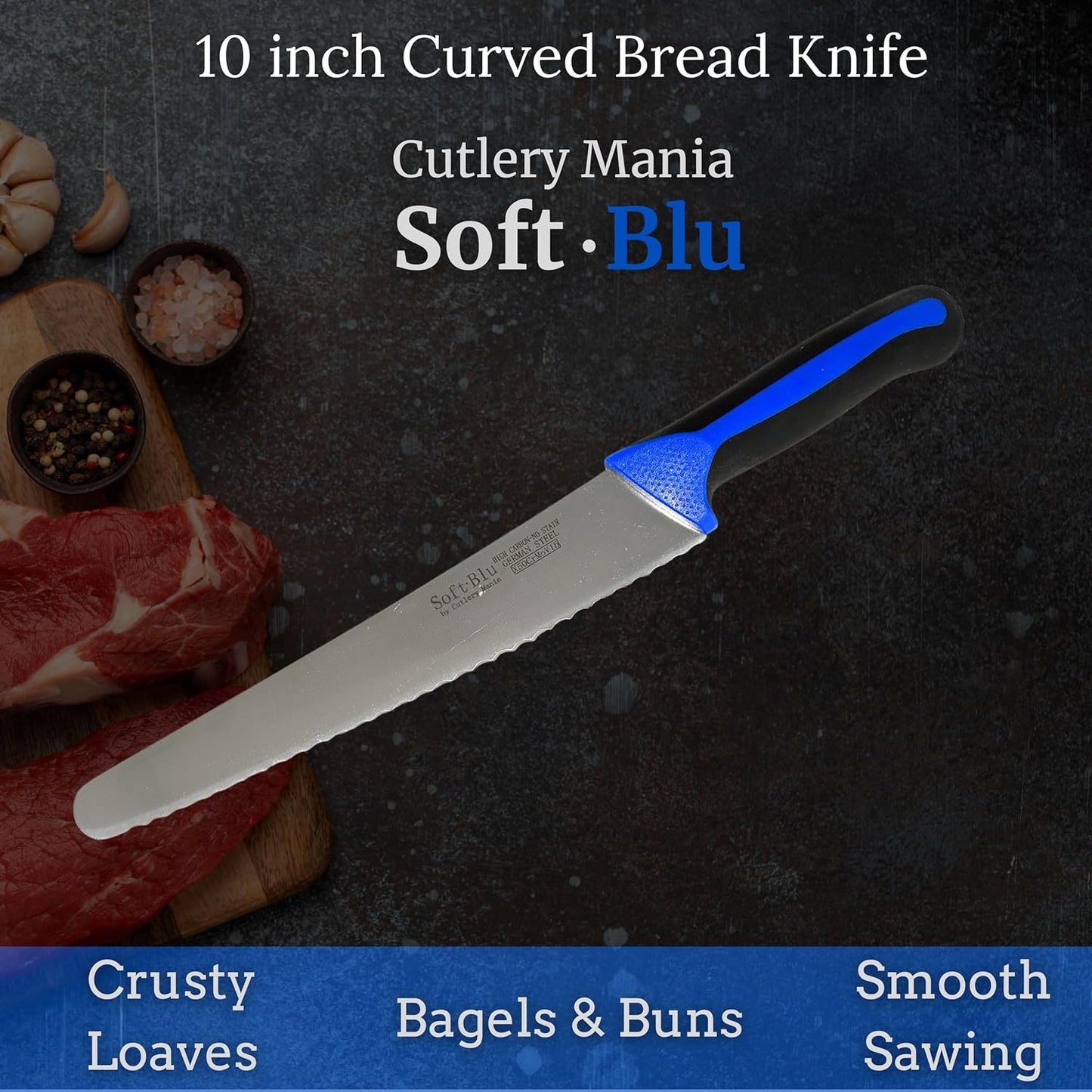 Cutlery Mania SoftBlu Kitchen Knifes, X50CrMoV15 German Stainless Steel, Non-Slip Soft Grip Handle, Professional (Breaking Knife, Curved, 10")