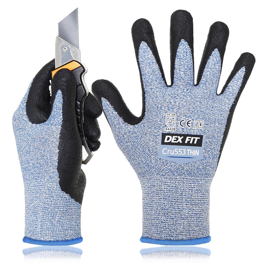 DEX FIT Level 5 Extreme Cut Resistant Gloves Cru553 Thin, Non-Slip Power Grip, Professional Grade 3D Comfort Fit, Thin & Lightweight, Breathable, Touchscreen Compatible, Itch-Free; Grey L (9)