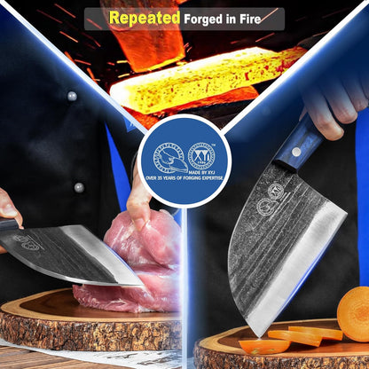 XYJ Authentic Since 1986,Outstanding Ancient Forging,6.7 Inch Full Tang,Serbian Chefs knife,Chef Meat Cleaver,Kitchen Knives,Set with Leather Sheath,Take Carrying,Butcher