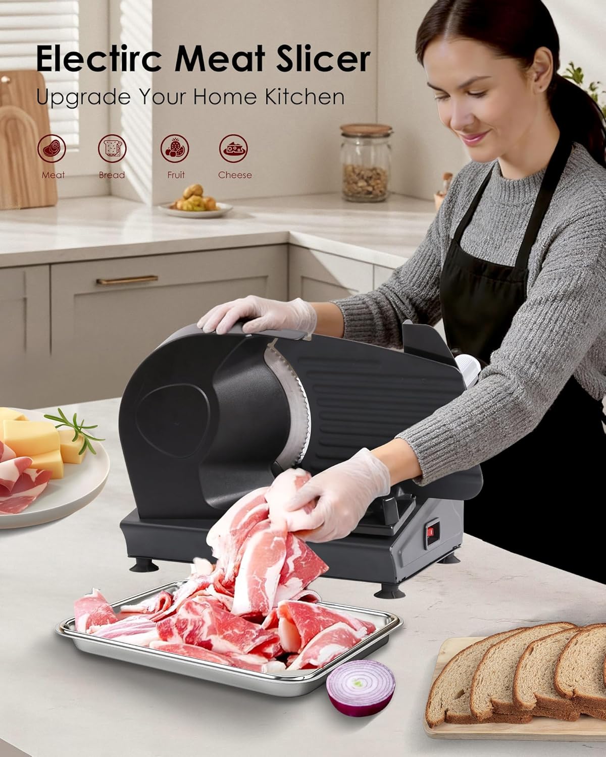 Valley Sportsman Meat Slicer Machine for Home - Electric Deli Meat Slicer with 7.5" Stainless Steel Blade, Adjustable Thickness Food Slicer Cuts Meat, Bread, Cheese, Easy to Clean, Black
