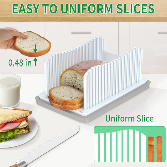CAWIU Bread Slicer for Homemade Bread, Foldable Bread Cutter with Crumb Tray, Adjustable Width Bread Slicing Guide for Loafs, Sandwiches, Bagels, and Cakes