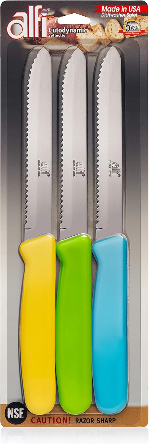 Alfi All-Purpose Knives Aerospace Precision Rounded Tip - Home And Kitchen Supplies - Serrated Steak Knives Set | Made in USA (3 Pack, Classic Black)
