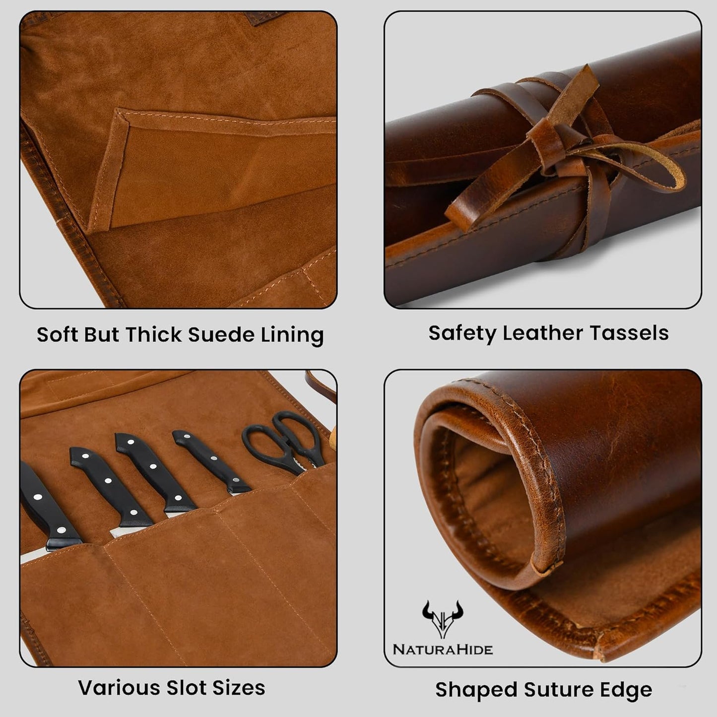 Leather Knife Roll Bag for Professional Chefs 4 Slot Full Grain and Suede Leather Knife Case Handmade Culinary Tool Roll Organizer for Travel, Kitchen and Outdoor Cooking (Black)
