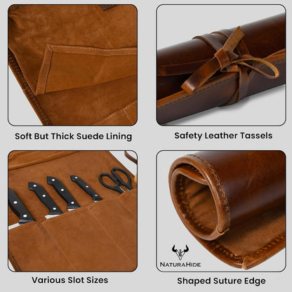 Leather Knife Roll Bag for Professional Chefs 4 Slot Full Grain and Suede Leather Knife Case Handmade Culinary Tool Roll Organizer for Travel, Kitchen and Outdoor Cooking (Black)
