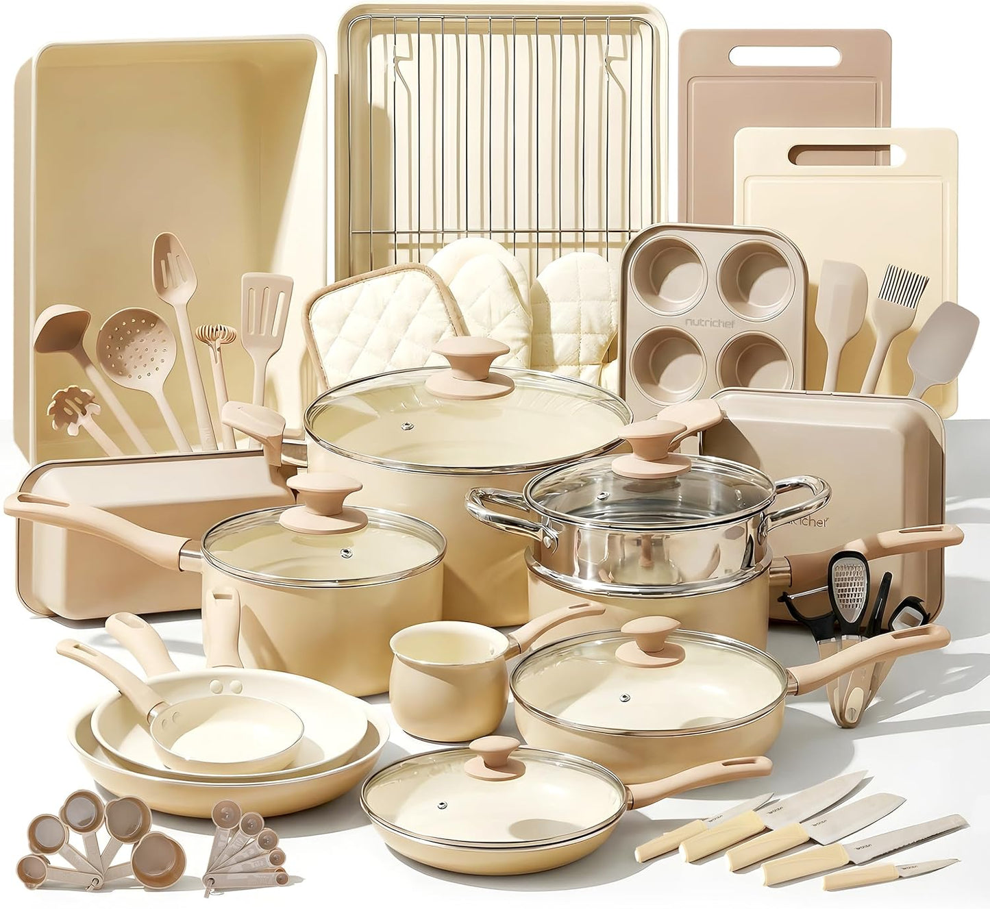 NutriChef 54-Piece Kitchen Cookware Set – Complete Non-Stick Ceramic Pots and Pans Set with Utensils, Bakeware, and Knife Set, Gas, Electric & Induction Compatible, Blush Pink Kitchen Essentials