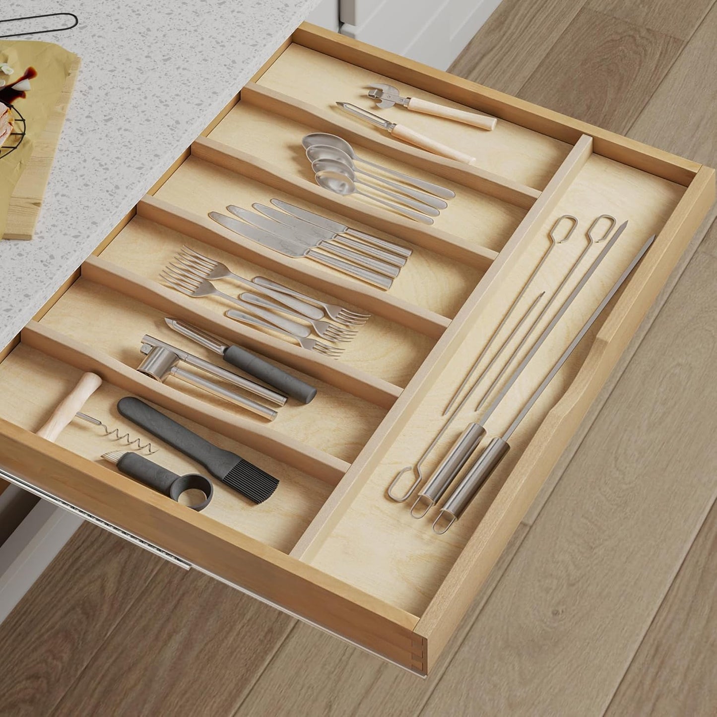 WelFurGeer Premium Wooden Silverware Organizer for Kitchen Drawers, Utensil Tray for Kitchen Drawer, Cutlery Drawer Organizer for Forks, Spoons, Knives - Sturdy Birchwood, Natural Finish