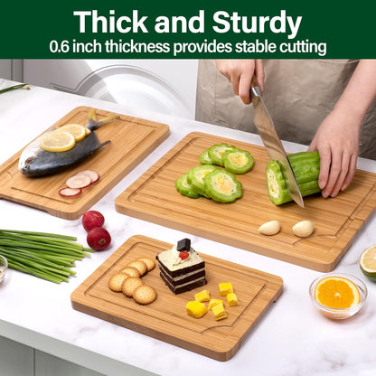WILLKOMMEN 4-Piece Bamboo Cutting Boards for Kitchen, Chopping Board Set with Food Icon (Meat, Fish, Vegetables, Fruits) Butcher Block with Stands, Handles & Juice Grooves (Small, Medium, Large, XL)