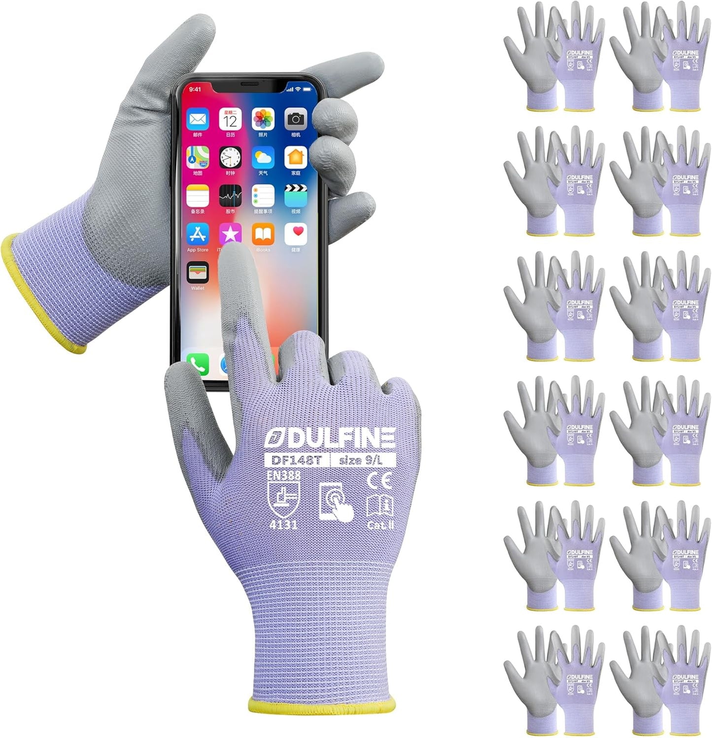 DULFINE Safety Work Gloves PU Coated-12 Pairs,Red Seamless Knit Glove with Polyurethane Coated Smooth Grip on Palm & Fingers, for Men and Women, Ideal for General Duty Work (Large)