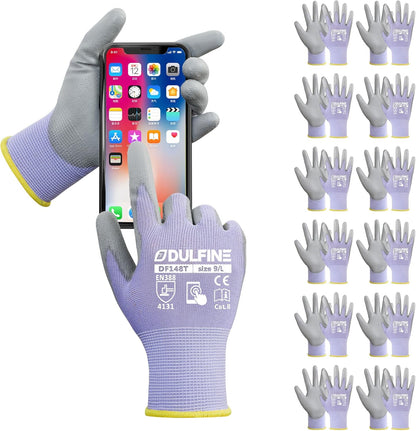DULFINE Safety Work Gloves PU Coated-12 Pairs,Red Seamless Knit Glove with Polyurethane Coated Smooth Grip on Palm & Fingers, for Men and Women, Ideal for General Duty Work (Large)