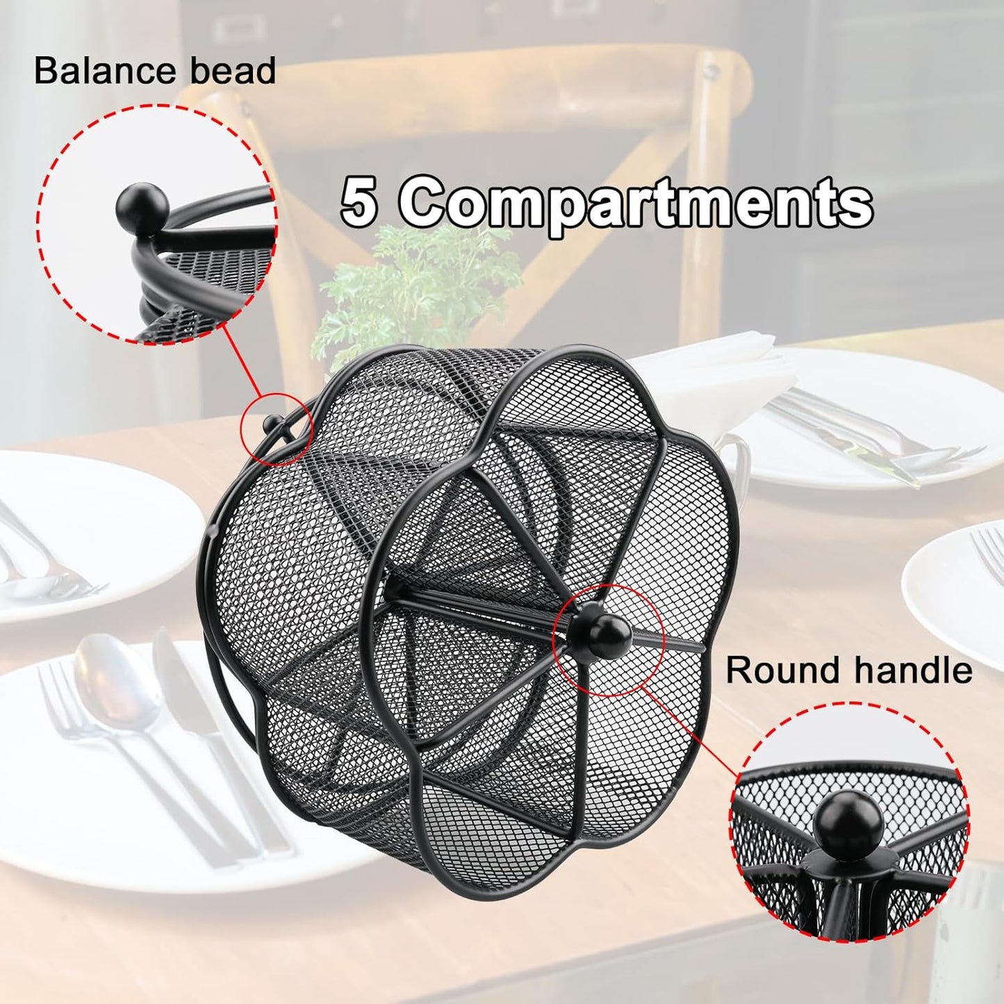 360° Rotating Silverware Utensil Caddy Holder - 5 Compartment Whirling Utensil Holder Kitchen Countertop Organizer for Spoon Fork Flatware Storage for Home or Outdoor Picnic Camping