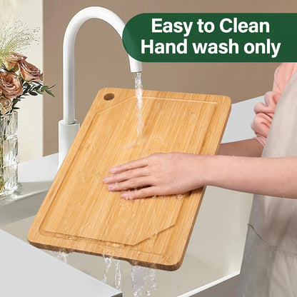 WILLKOMMEN 4-Piece Bamboo Cutting Boards for Kitchen, Chopping Board Set with Food Icon (Meat, Fish, Vegetables, Fruits) Butcher Block with Stands, Handles & Juice Grooves (Small, Medium, Large, XL)